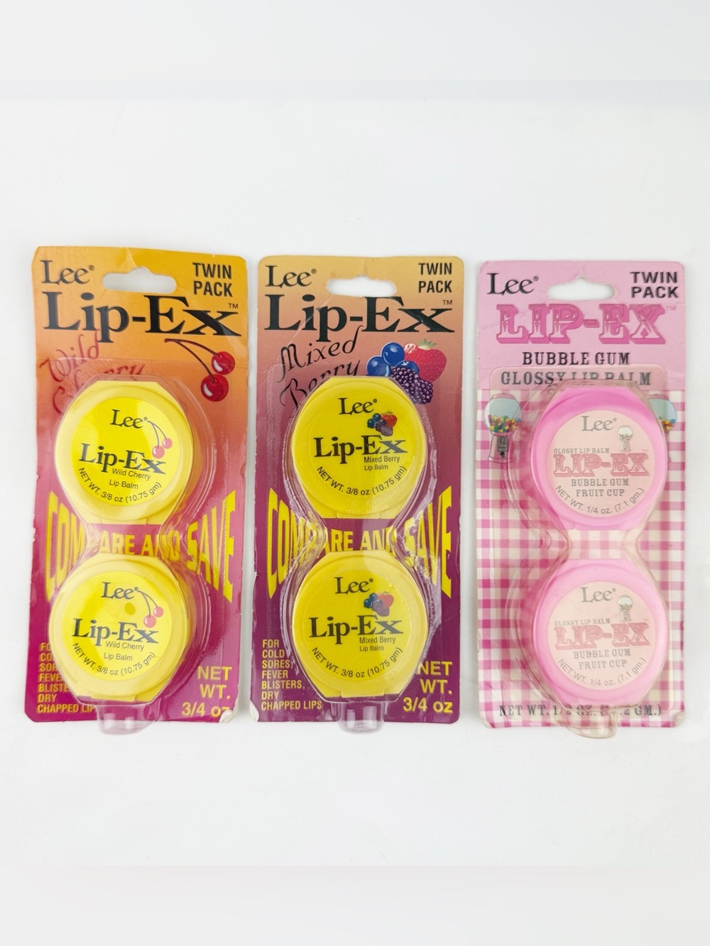 Lee Lip-Ex Glossy Lip Balm Bubblegum Berry Cherry 3 Twin Packs New Old Stock